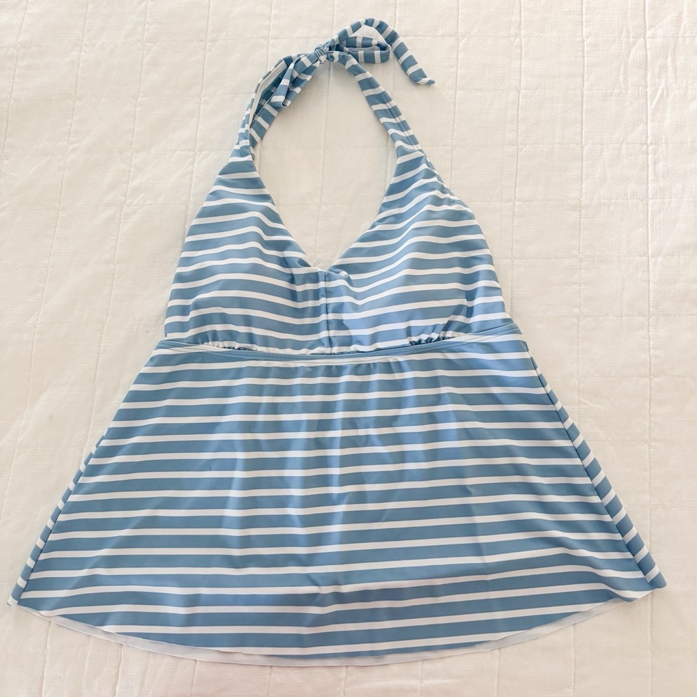 Lands' End Womens‎ Tankini Swim Top LARGE Halter Blue White Stripe Padded